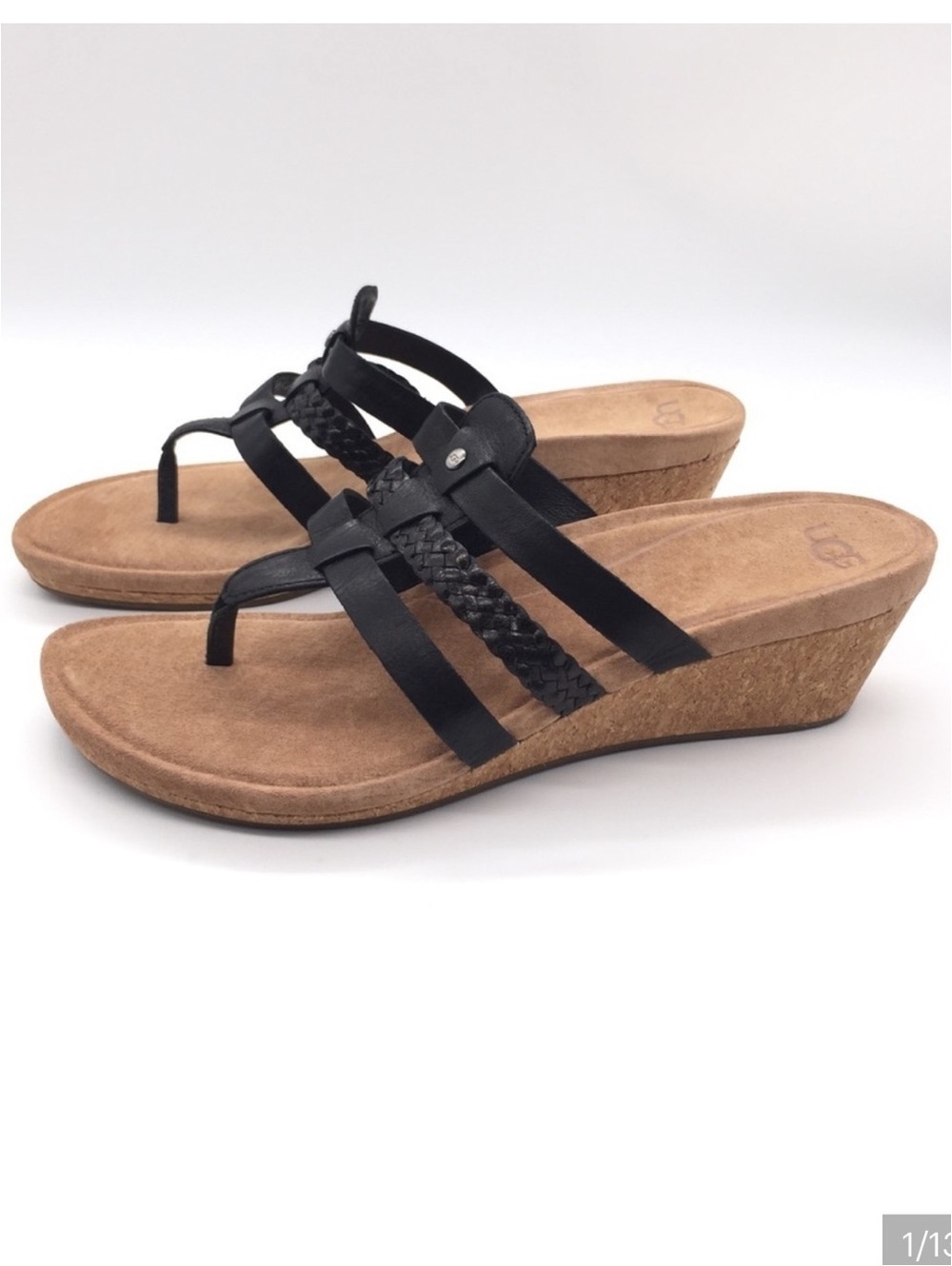 UGG Maddie Braided Straps 2.5” Wedge Sandals Black Tan Cork Thong  7.5